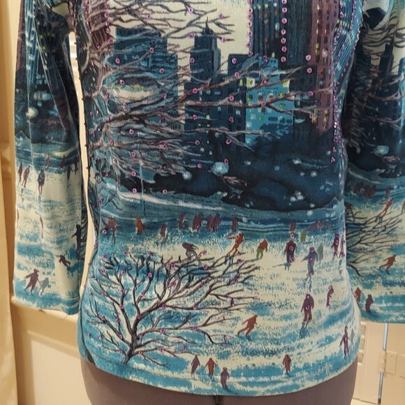 City Winter Scene Beaded & Sequined Long Sleeve T-shirt by Carrie Allen Size M - Picture 2 of 9